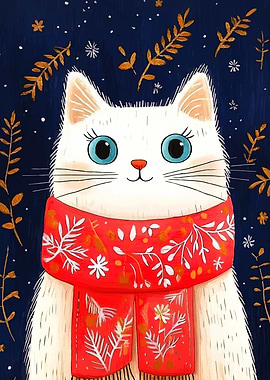 Winter Cat with Scarf Illustration