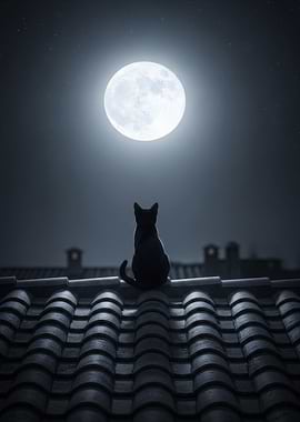 Black Cat on Roof Under Moonlight
