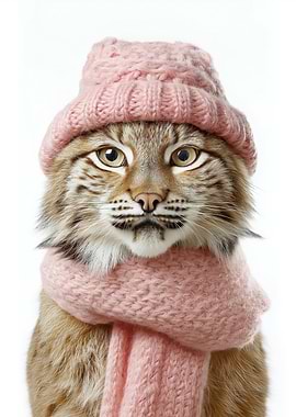 Cozy Bobcat in Pink Hat and Scarf
