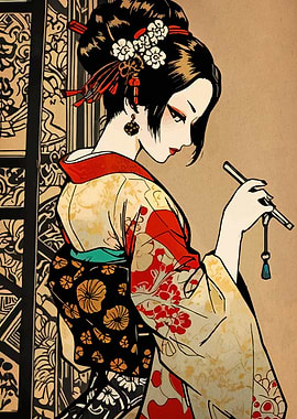 Elegant Geisha with Pipe