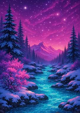 Winter river landscape with starry sky