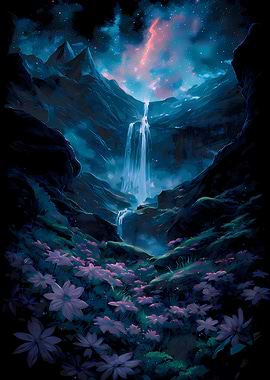 Fantasy Waterfall Landscape with Flowers