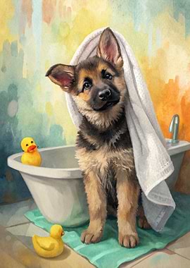 Watercolor German Shepherd Puppy Bath Time