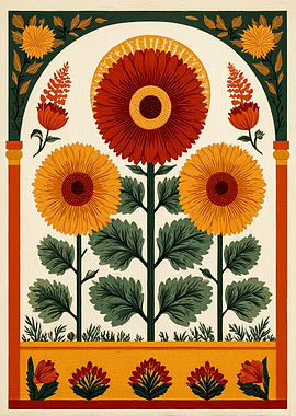 Sunflower Art — Folk Art Botanical Poster & Vintage Botanical Wall art for Cozy Decor