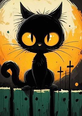 Black Cat on Fence, Halloween Night