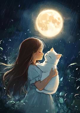 Girl and Cat Under Moonlight