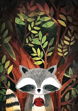 Raccoon with Apple in Forest Illustration