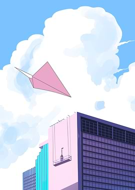 Pink Paper Airplane Over Cityscape