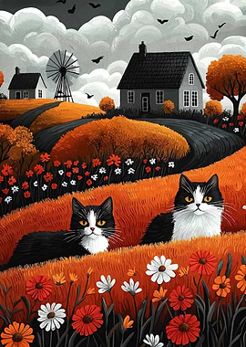 Cats in Autumn Landscape Painting