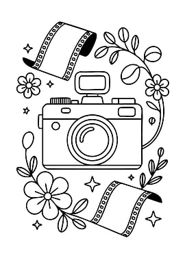 Camera, Film, and Floral Line Art