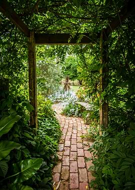 Lush Garden Path Through Wooden Archway