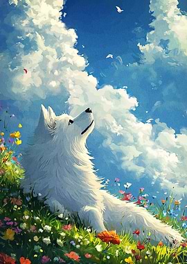 White Dog in Flower Field