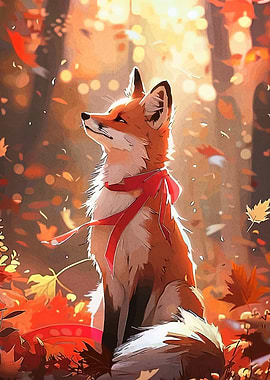 Fox with Red Ribbon in Autumn