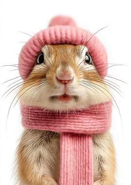 Cozy Gerbil with pink hat and scarf