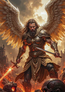 Winged Angel Warrior in Fiery Landscape