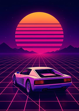 Retro Car with Sunset Background