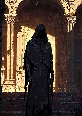 Dark hooded figure in ancient ruins