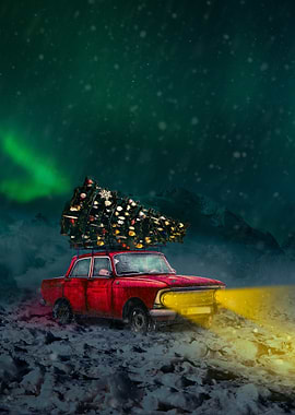 Red Car with Christmas Tree on Top