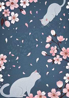 Cats and Cherry Blossoms Illustration