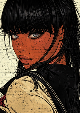 Anime Girl Portrait with Brick Texture