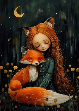 Girl and Fox Cuddle Under Moon