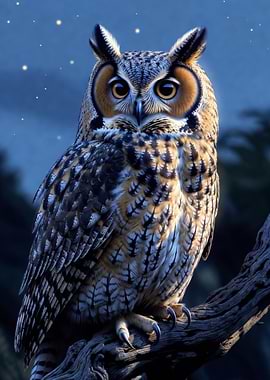 Owl Portrait on Branch at Night