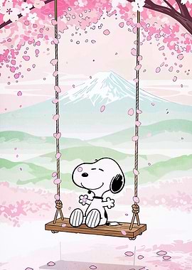Snoopy on a swing with cherry blossoms