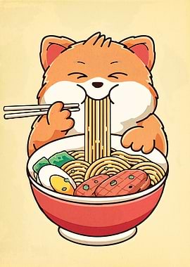 Cute Fox Eating Ramen Illustration