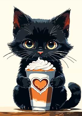 Cute Black Cat with Coffee