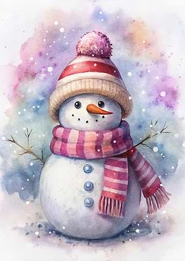 Watercolor Snowman with Pink Scarf and Hat