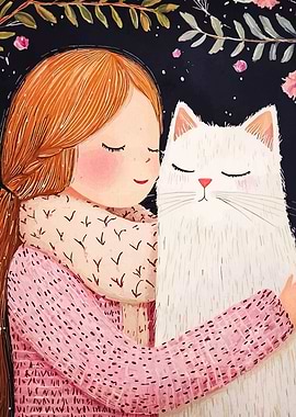 Girl hugging a white cat