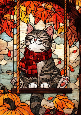 Stained Glass Cat on Autumn Swing