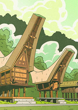 Toraja Traditional Houses Illustration