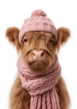 Cozy Highland Cow in Winter Hat and Scarf