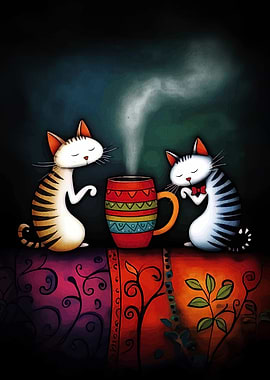Cats and Coffee Whimsical Art