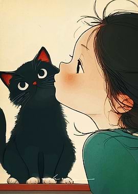Girl and Black Cat Affection