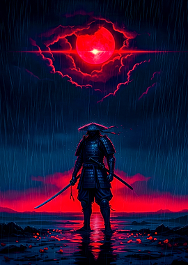 Samurai in Rain with Red Moon