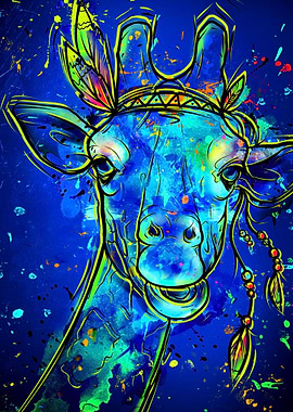 Colorful Giraffe Portrait with Tribal Headdress