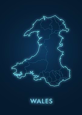Wales Map Neon Blue