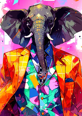 Elephant in Suit Colorful Art