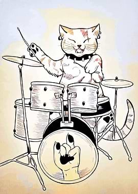Rockstar Cat Drummer Illustration