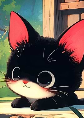 Cute Black Cat with Pink Ears