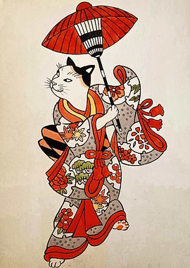Cat in Kimono with Umbrella