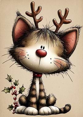 Cartoon Cat with Reindeer Antlers