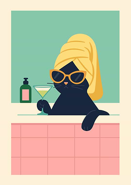 Relaxing Cat in Bathtub Illustration