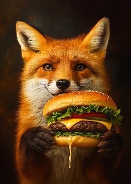 Red Fox Animal with Burger Cheeseburger