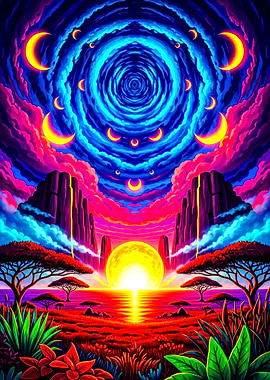 Psychedelic Landscape with Moon Phases