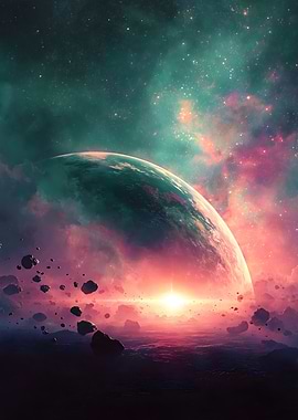 Cosmic Planet with Asteroids and Nebula