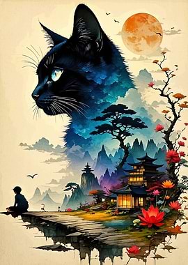 Black Cat Japanese Landscape Art