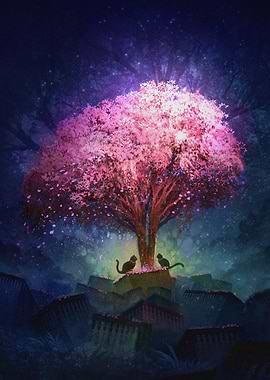 Cherry Blossom Tree with Cats